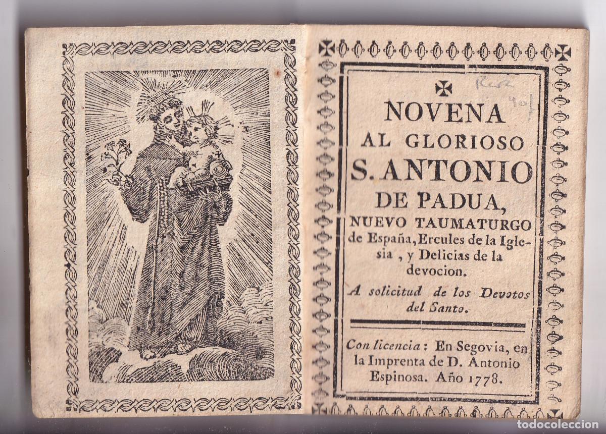 Libros antiguos: NOVENA AL GLORIOSO SAN ANTONIO DE PADUA. SEGOVIA, IMPRENTA DE ESPINOSA, 1778