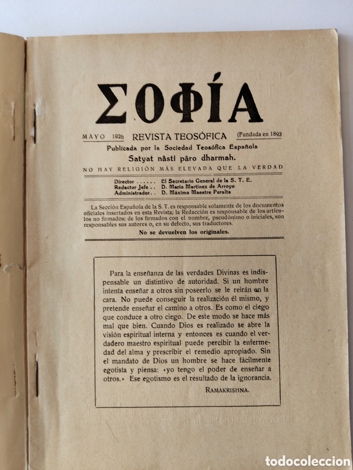 Libros antiguos: ANTIGUA REVISTA TEOSOFICA SOPHIA - n&deg; 5 - 1926 - La revista abordaba temas de esoterismo, orientalis