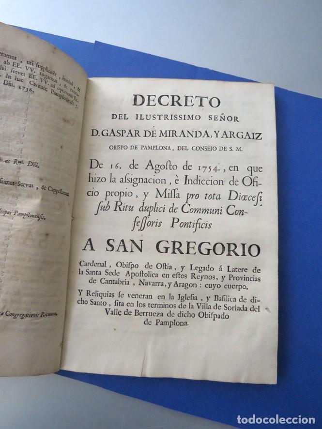 Libros antiguos: DECRETO DE GASPAR DE MIRANDA SOBRE LA ASIGNACI&Oacute;N DE OFICIO A SAN GREGORIO OSTIENSE. PAMPLONA. 1756