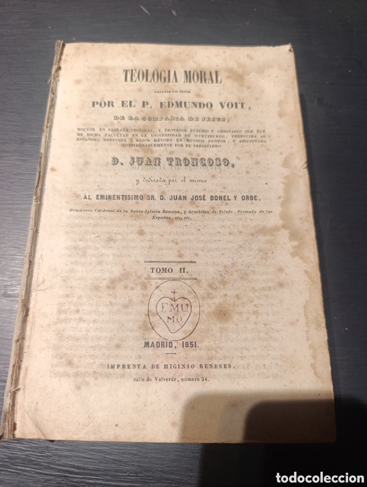 Libros antiguos: Teolog&iacute;a Moral. Edmundo Voit. Tomo II Madrid 1851. Sin tapas