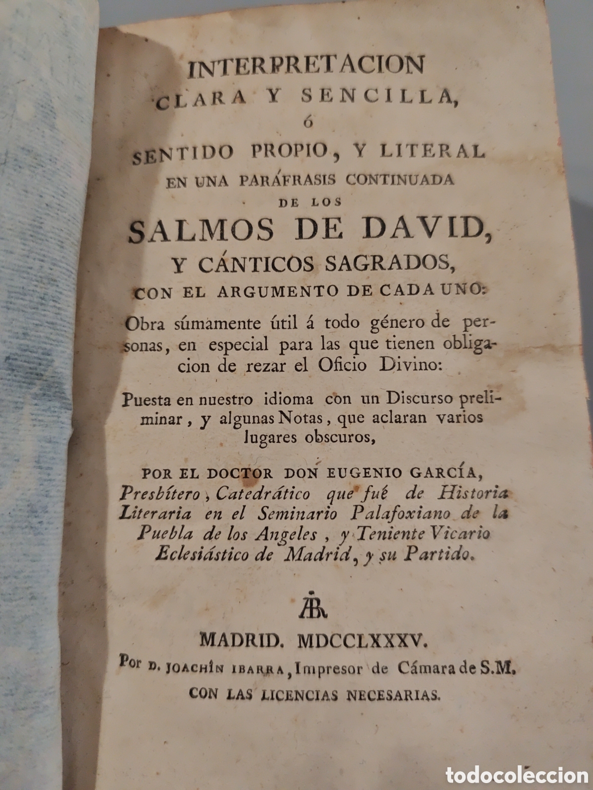 Libros antiguos: Salmos y c&aacute;nticos Sagrados Eugenio Garc&iacute;a 1785