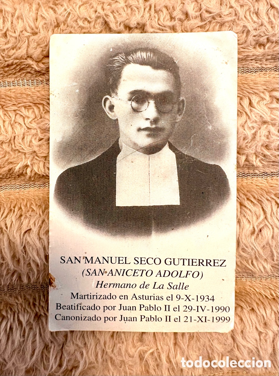Libros antiguos: Estampa Recordatorio Antigua Canonizaci&oacute;n San Manuel Seco (La Salle) - A&ntilde;o 1999 /