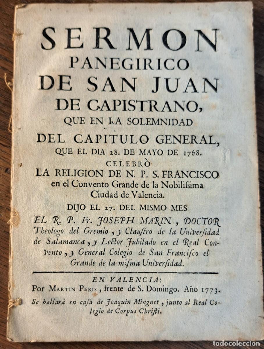Libros antiguos: Serm&oacute;n paneg&iacute;rico de San Juan de Capistrano &ndash; Valencia, 1773
