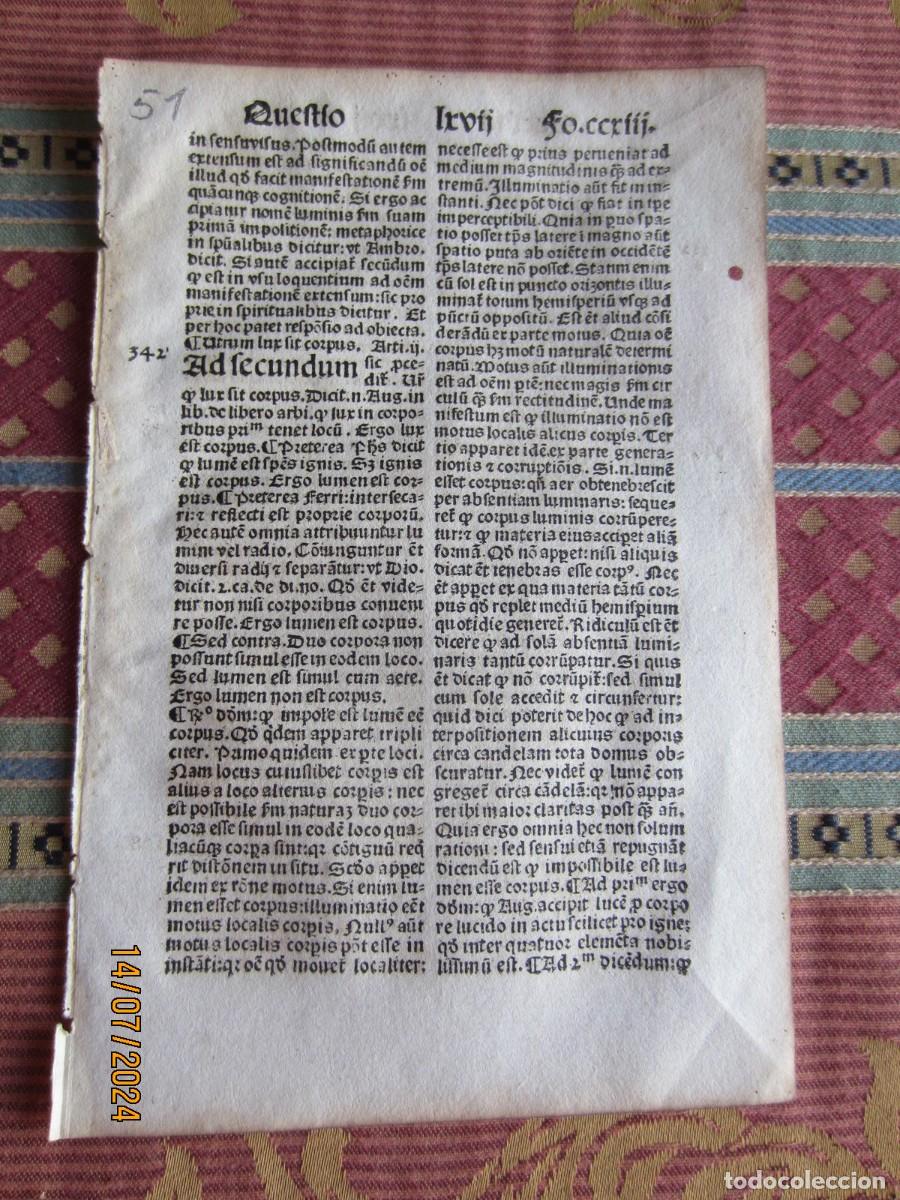 Libros antiguos: 1493-SANTO TOM&Aacute;S DE AQUINO. SUMMA TEOL&Oacute;GICA. INCUNABULA INCUNABLE.HOJA ORIGINAL.51