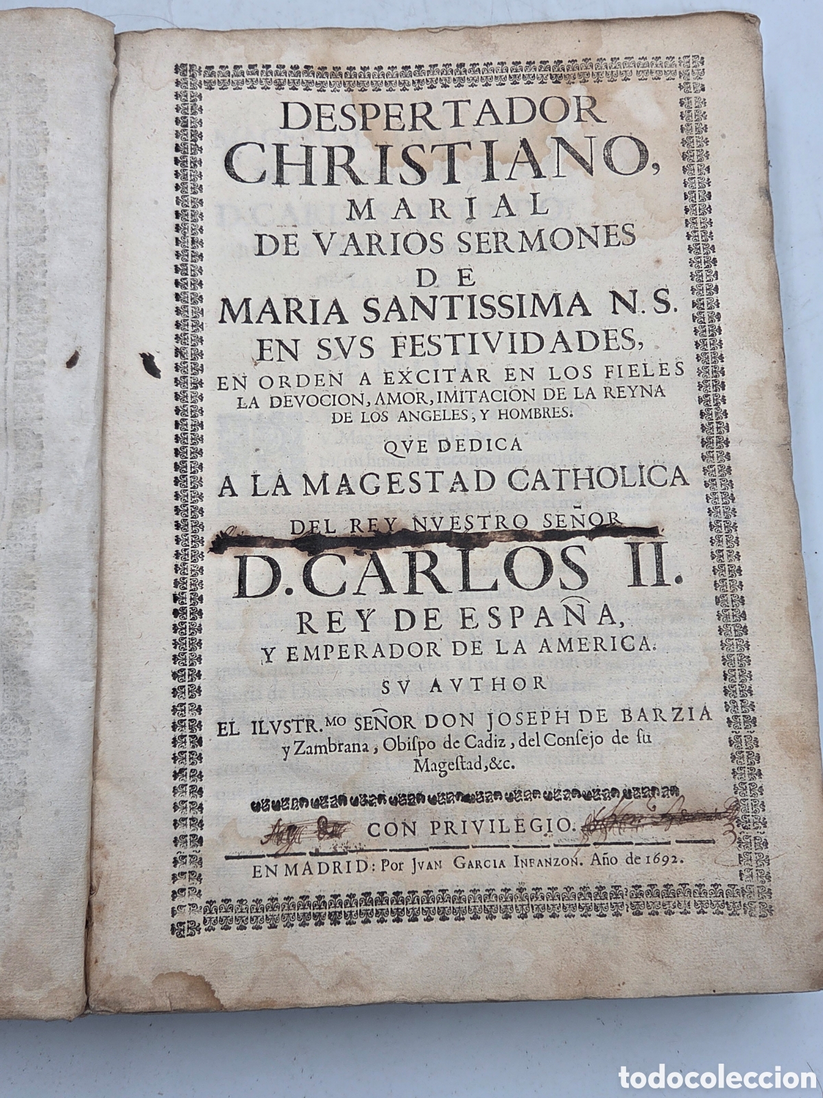 Old books: Barzia Joseph de DESPERTADOR CHRISTIANO MARIAL MADRID 1692