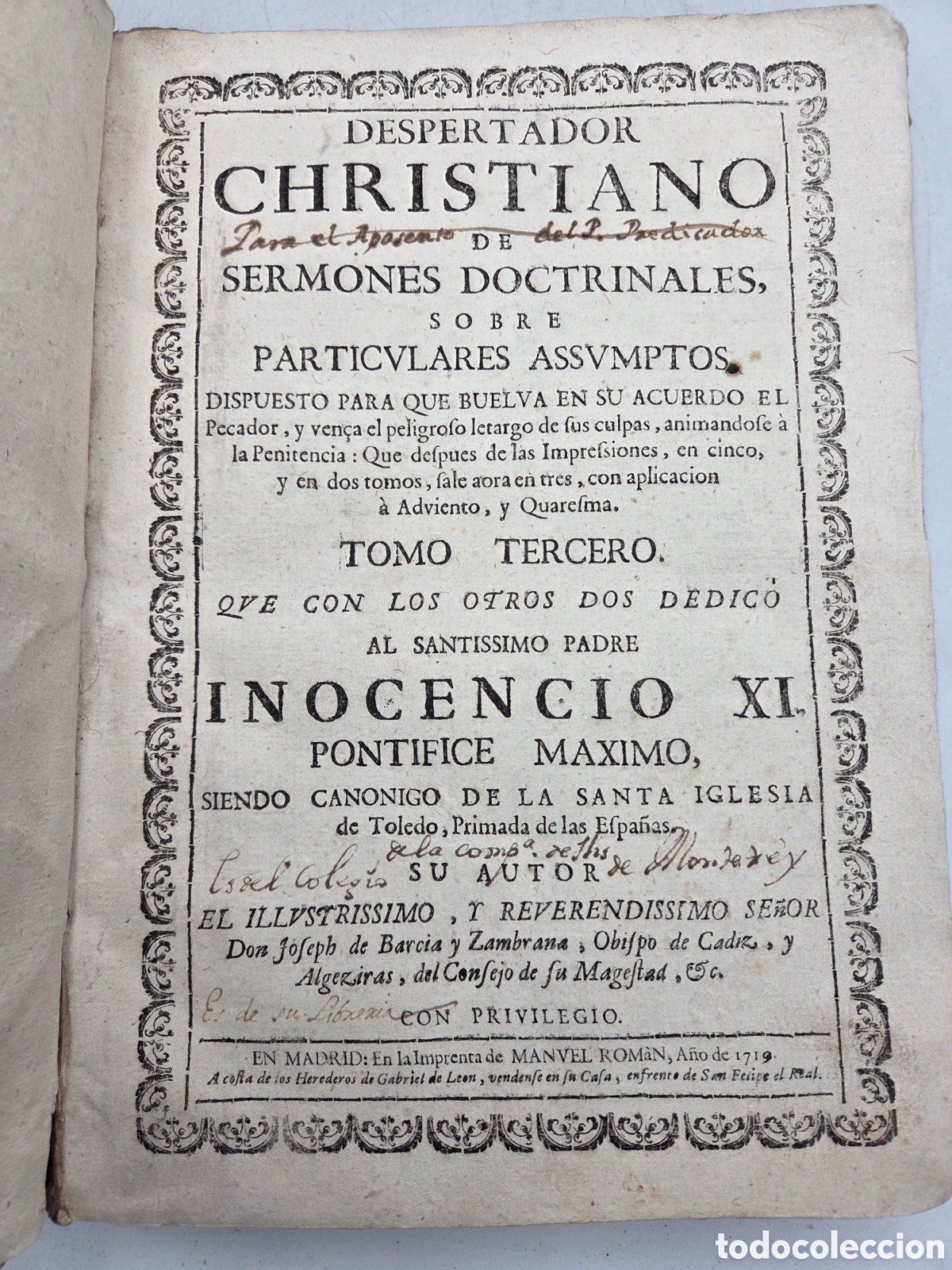 Antiquarische B&uuml;cher: BARCIA Joseph de DESPERTADOR CHRISTIANO Tomo tercero Madrid 1719