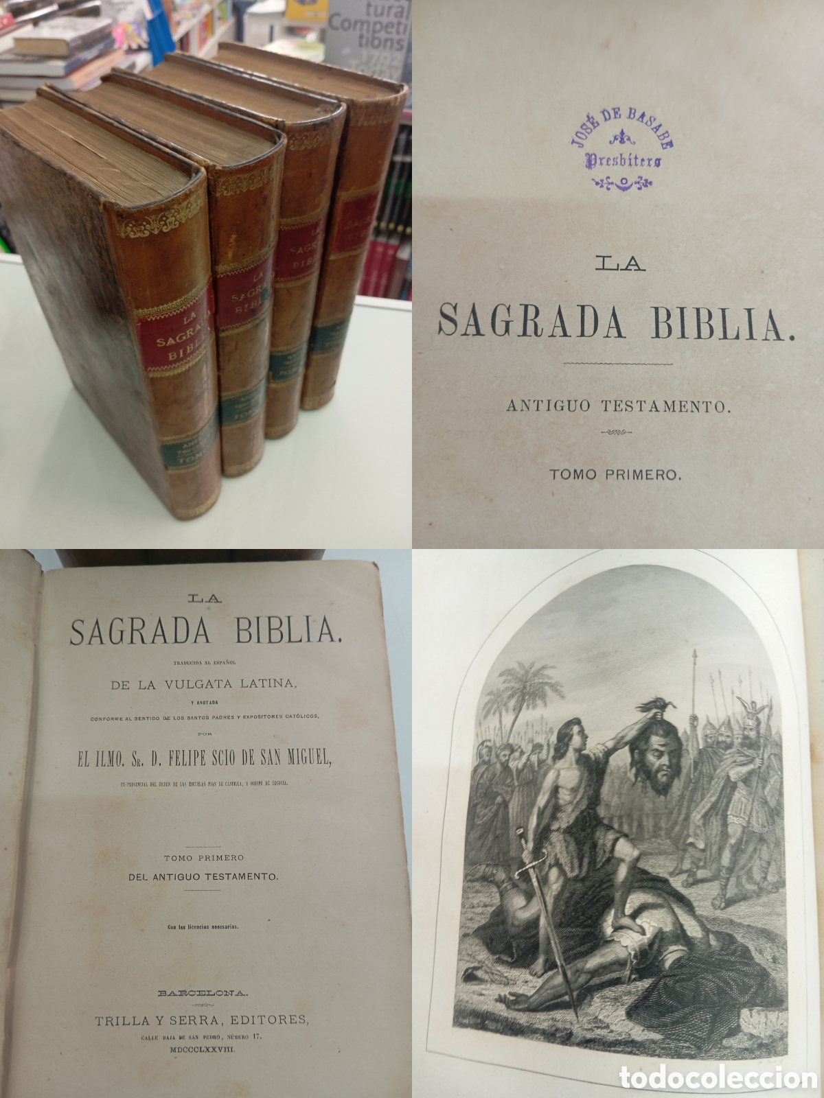 Libros antiguos: SAGRADA BIBLIA SCIO 1878 4 Vols Antiguo Testamento completo Bellos Grabados Ex-libris Aperregi ALAVA
