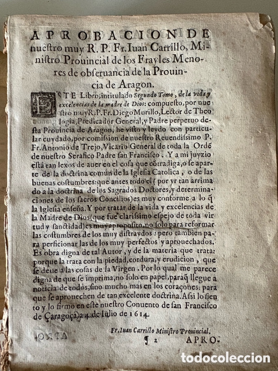 Libros antiguos: VIDA Y EXCELENCIAS DE LA MADRE DE DIOS &ndash; FR. DIEGO MURILLO &ndash; ZARAGOZA 1614 &ndash; TOMO II &ndash; PERGAMINO