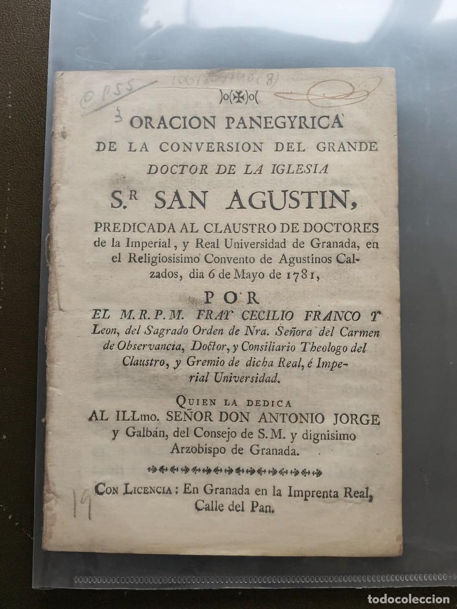 Libros antiguos: O raci&oacute;n paneg&iacute;rica de San Agustin. 1781.