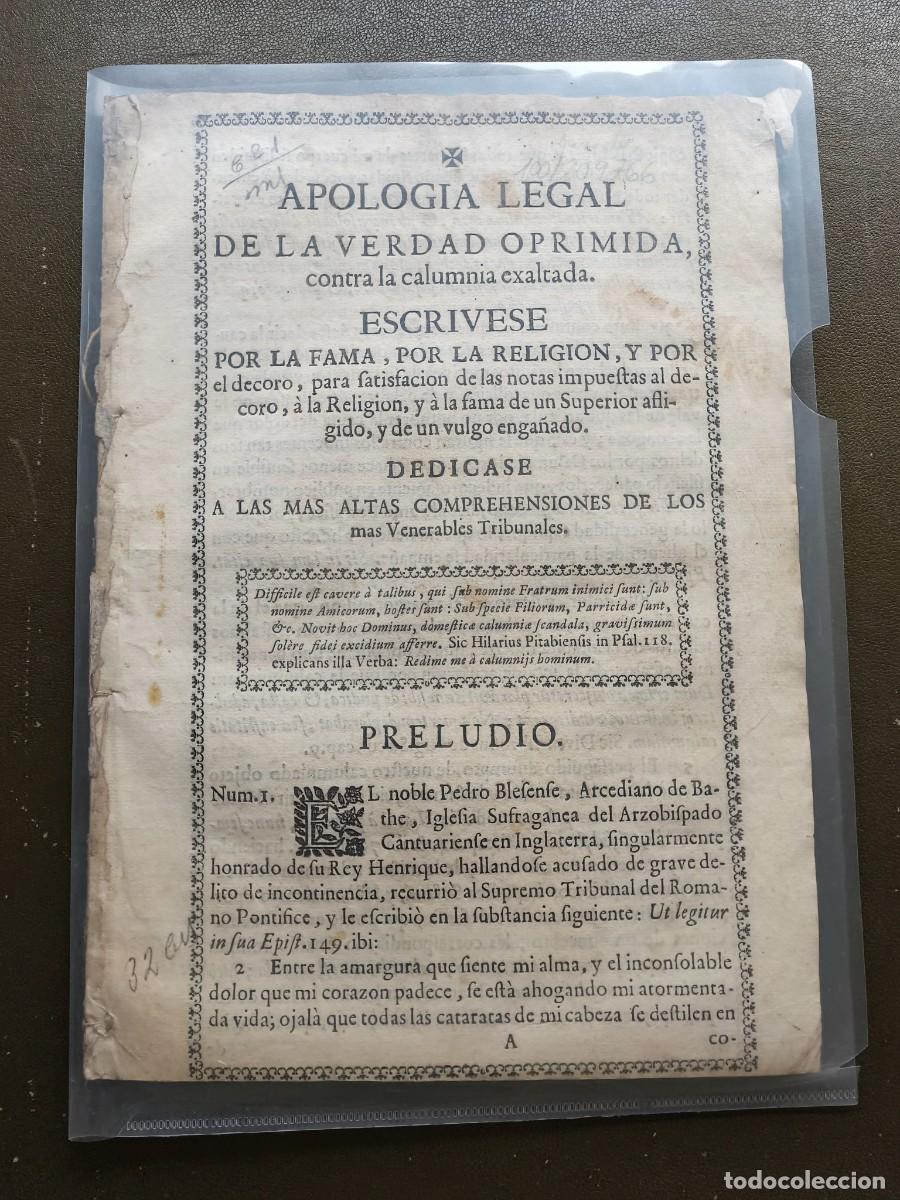 Libros antiguos: Apolog&iacute;a de la Verdad Oprimida. C. 1730.