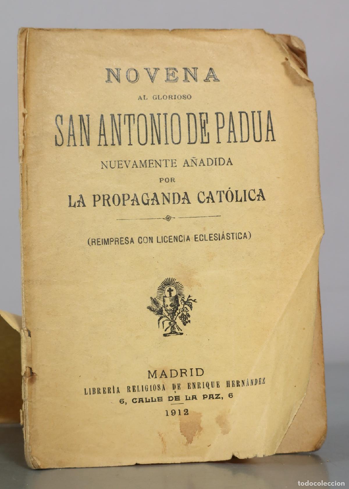 Libros antiguos: Novena al Glorioso San Antonio de Padua - Librer&iacute;a Religiosa de Enrique Hern&aacute;ndez 1912