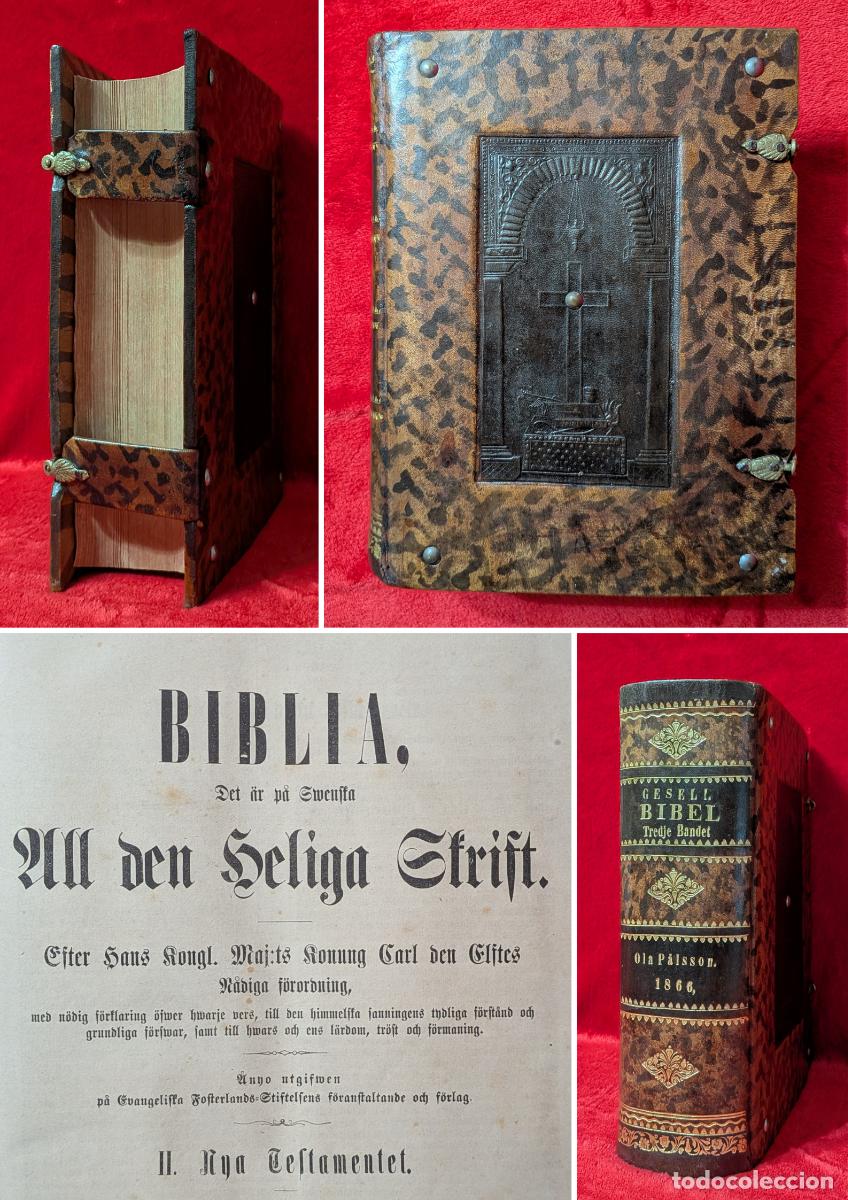 Libros antiguos: ❤️️A&Ntilde;O 1865 - 28CM - BIBLIA G&Oacute;TICA CON CIERRES DEL REY CARLOS XII - ENCUADERNACI&Oacute;N DE LUJO - MADERA