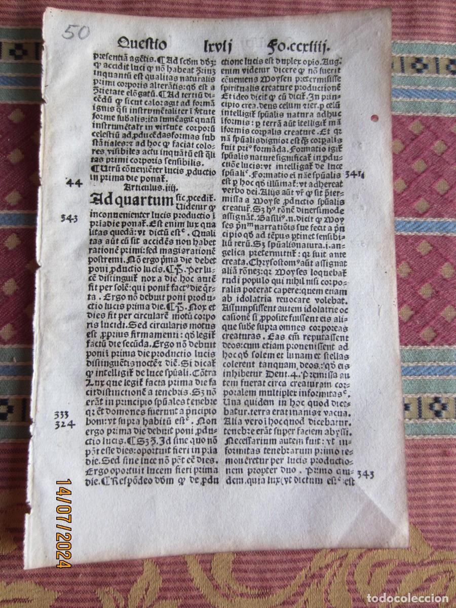 Libros antiguos: 1493-SANTO TOM&Aacute;S DE AQUINO. SUMMA TEOL&Oacute;GICA. INCUNABULA INCUNABLE.HOJA ORIGINAL.50