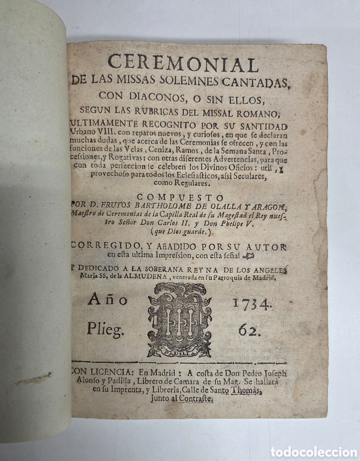 Antiquarische B&uuml;cher: Ceremonial de las missas solemnes cantadas. 1734