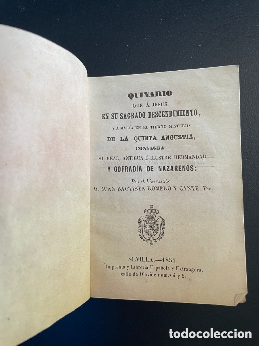 Libros antiguos: Quinario Hermandad Quinta Angustia Semana Santa Sevilla 1851