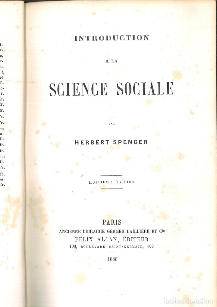 Libros antiguos: INTRODUCTION A LA SCIENCE SOCIALE. Herbert Spencer - Foto 1