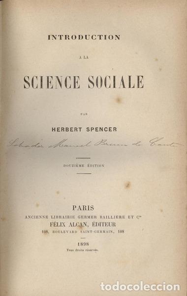 Libros antiguos: SPENCER. (Herbert) - INTRODUCTION A LA SCIENCE SOCIALE. - Foto 2