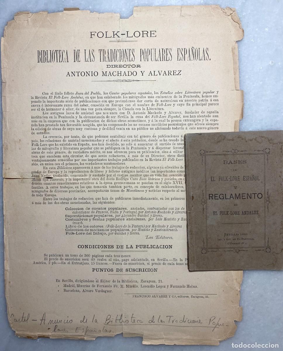 Libros antiguos: MACHADO &Aacute;LVAREZ. DEM&Oacute;FILO. EL FOLK-LORE ANDALUZ. Anuncio y reglamento para colaborar. 1881.