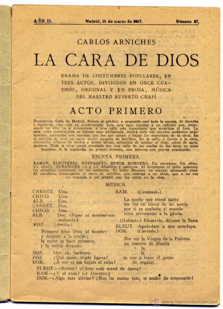 Libros antiguos: ARNICHES, Carlos.  La cara de Dios.  1917. - Foto 2