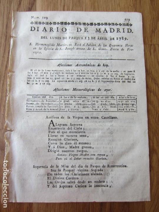 Libri antichi: 1789-PERI&Oacute;DICO DIARIO MADRID.ORIGINAL.ANTIFONA A LA VIRGEN.MISA PASCUA SE&ntilde;OR SALAS.ALVARO GUERRERO
