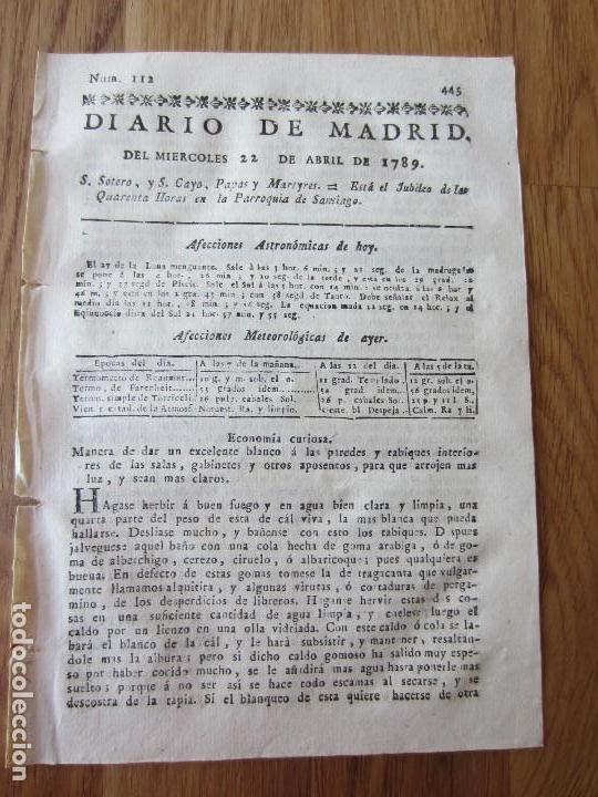 Libri antichi: 1789-PERI&Oacute;DICO DIARIO DE MADRID.ORIGINAL.ECONOMIA CURIOSA EMBLANQUECER PAREDES Y QUE ARROJEN MAS LUZ