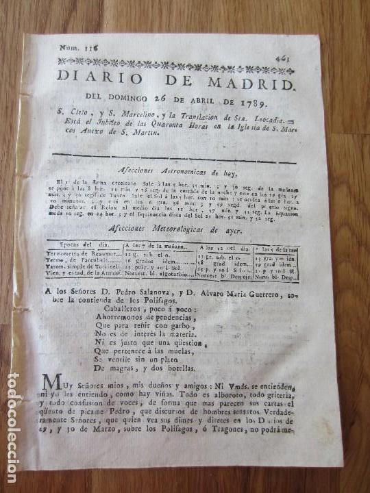 Libri antichi: 1789-PERI&Oacute;DICO DIARIO MADRID.ORIGINAL.CARTA DE MANUEL CASAL A SALANOBA Y GUERRERO CONTIENDA POLIFAGO