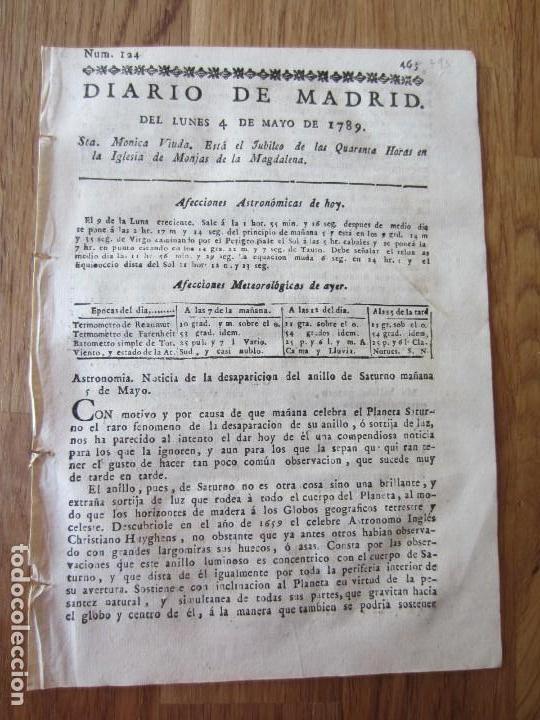 Libri antichi: 1789-PERI&Oacute;DICO DIARIO MADRID.ORIGINAL.ASTRONOMIA.DESAPARICION ANILLO SATURNO.BANDO PERSONAS OCIOSAS
