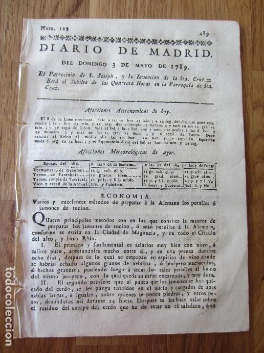 Livros antigos: 1789-PERI&Oacute;DICO DIARIO MADRID.ORIGINAL.COCINA.PERNILES DE TOCINO A LA ALEMANA.SONETO SANTA CRUZ