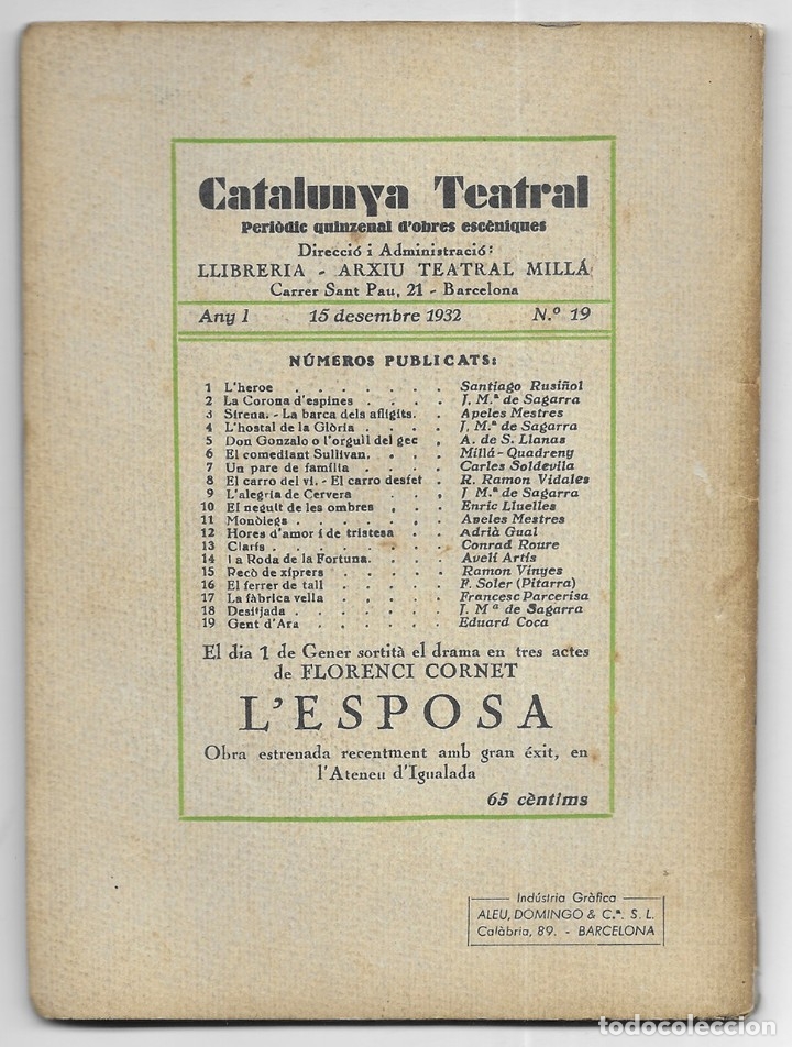 Libros antiguos: Gent DAra.    Com&egrave;dia en dos actes     Coca Vallmajor, E.     1932 - Foto 2