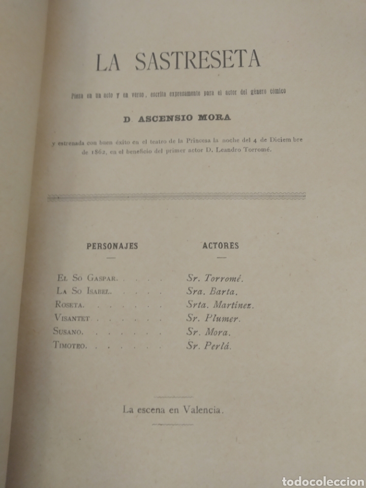 Old books: LA SASTRESETA. ESCALANTE, E. SAINET. Chuan Mariana y Sanz. VALENCIA, 1867