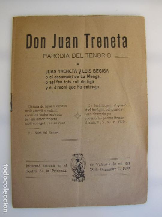 Livros antigos: 13.- Juan Treneta. Obra de teatro c&oacute;mica en Valenciano. 1.889