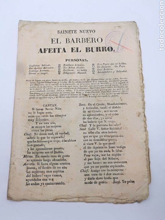 Old books: Sainete El barbero que afeita al burro editado imprenta F Valles en Barcelona principios del XIX