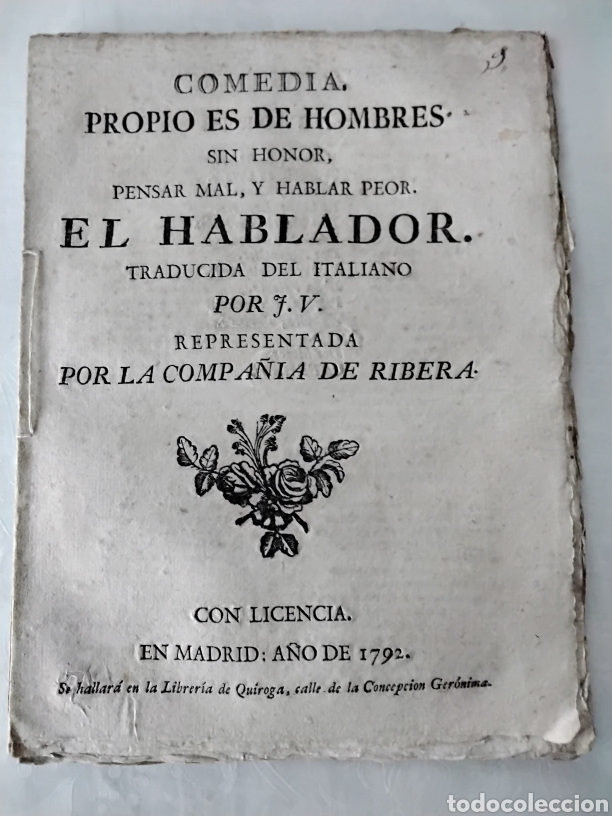 Old books: EL HABLADOR COMEDIA PROPIO ES DE HOMBRES SIN HONOR 1792