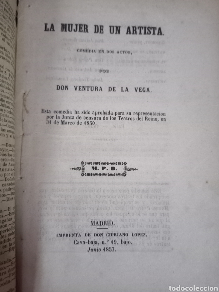 Livros antigos: LA MUJER DE UN ARTISTA. COMEDIA. DE LA VEGA, VENTURA. GALERIA DRMATICA. CIPRIANO LOPEZ. MADRID, 1857