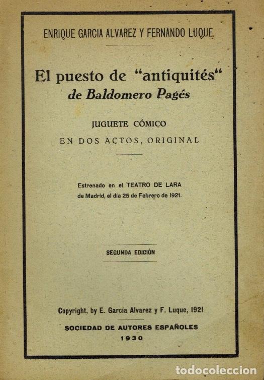 Old books: EL PUESTO DE ANITIQUITES DE BALDOMERO PAG&Eacute;S
