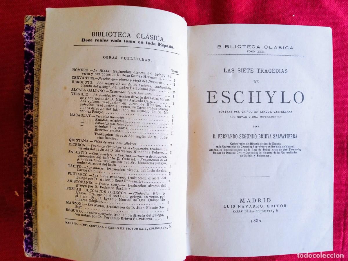 Libros antiguos: Libro antiguo Plutarco Las siete tragedias de Eschylo 1880 - Foto 2