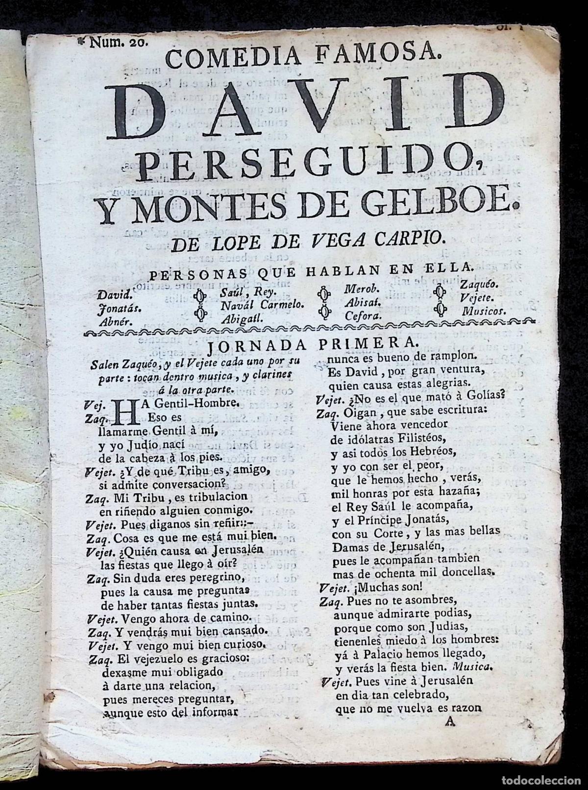 Libros antiguos: COMEDIA FAMOSA. DAVID PERSEGUIDO, Y MONTES DE GELBOE. - VEGA CARPIO, Lope. 1791.