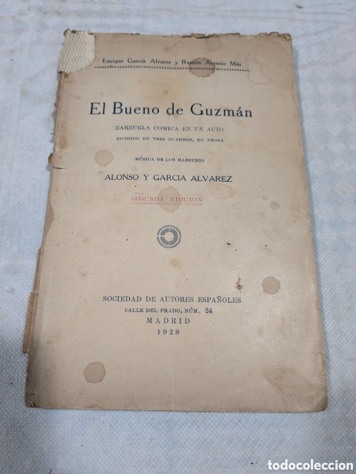 Libros antiguos: El bueno de Guzm&aacute;n. Zarzuela c&oacute;mica en un acto - Alonso y Garc&iacute;a &Aacute;lvarez. 1928