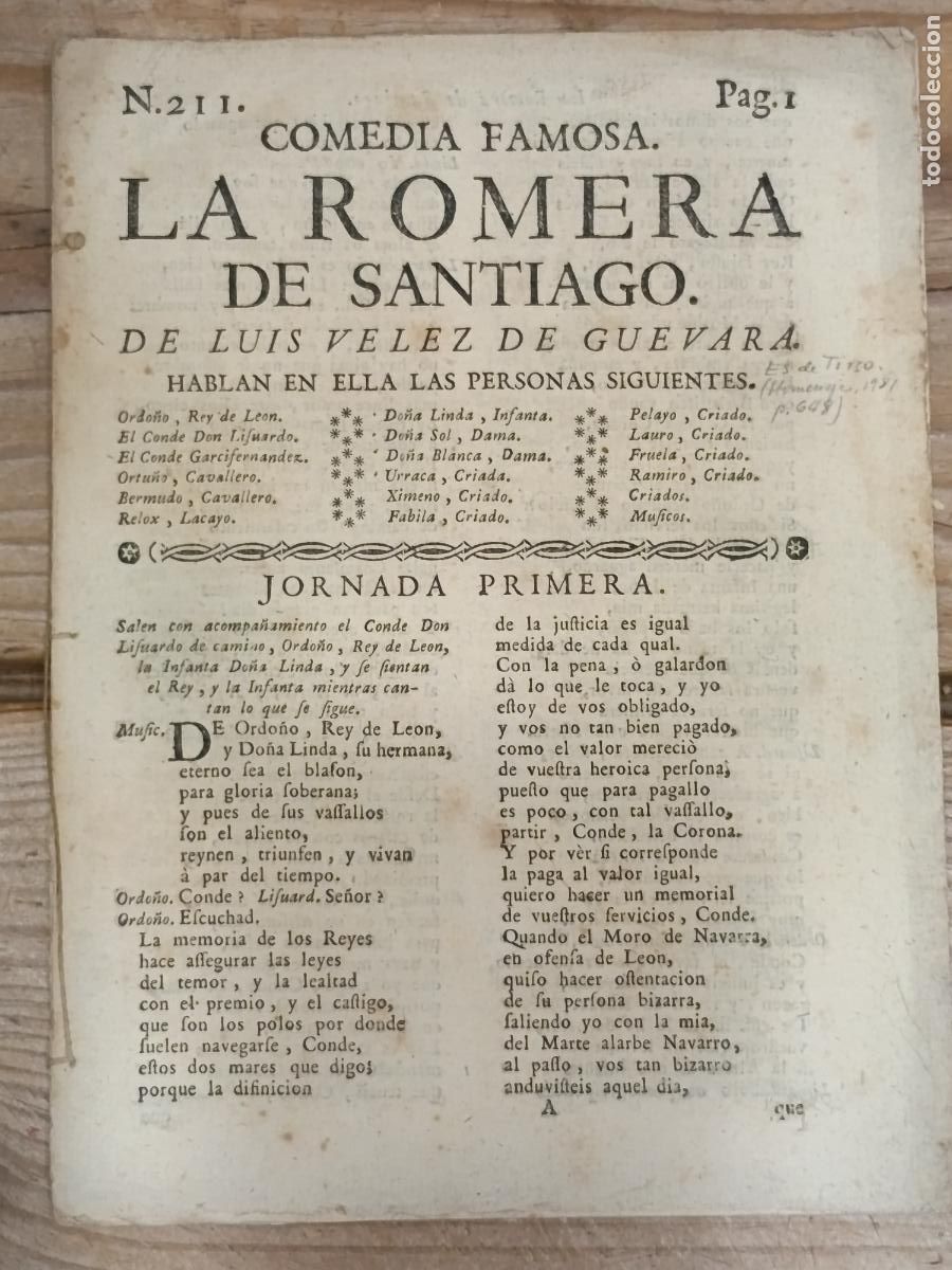 Libros antiguos: 1777 - LUIS VELEZ DE GUEVARA. La Romera de Santiago. Comedia Famosa