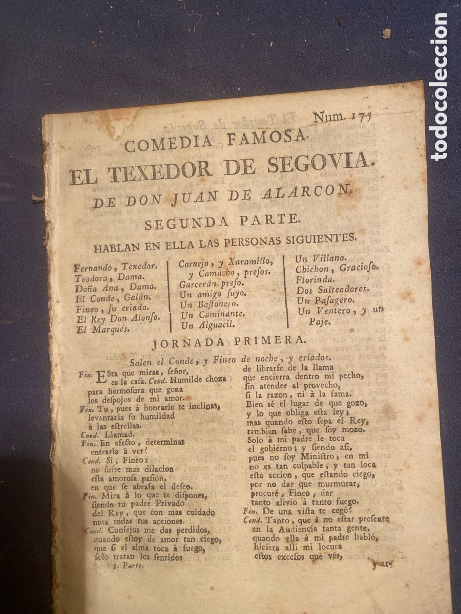 Libros antiguos: (PLIEGO DE CORDEL) JUAN DE ALARCON: - COMEDIA FAMOSA. EL TEXEDOR DE SEGOVIA (parte 2) - (1771)