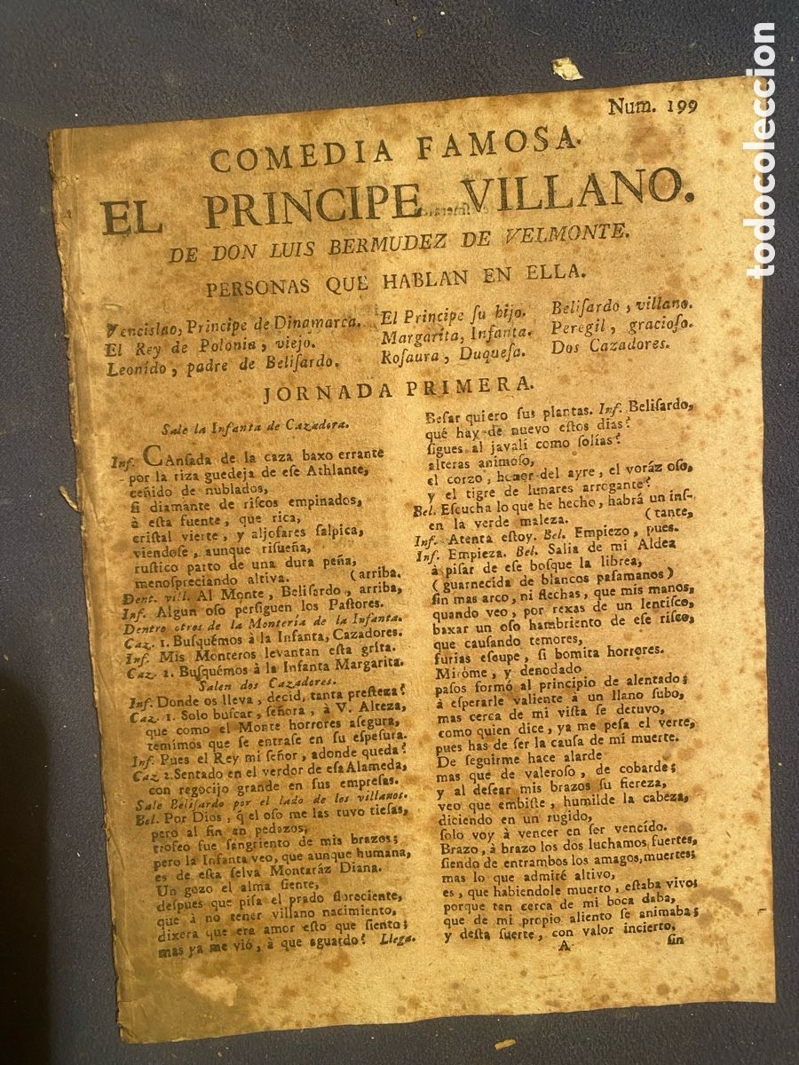 Libros antiguos: (PLIEGO DE CORDEL) LUIS BERMUDEZ DE VELMONTE: - EL PRINCIPE VILLANO - (S.A.)