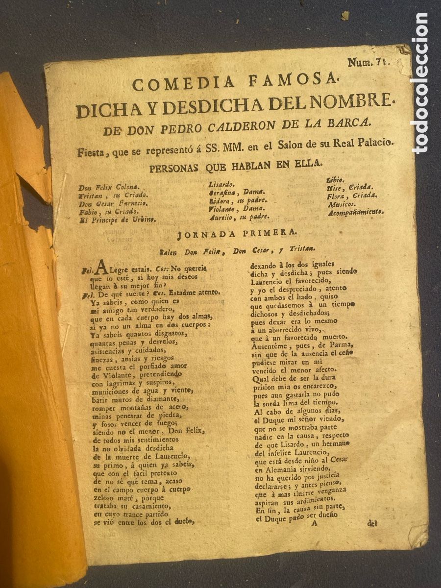 Libros antiguos: (PLIEGO DE CORDEL) PEDRO CALDERON DE LA BARCA: - DICHA Y DESDICHA DEL NOMBRE - (S.A.)