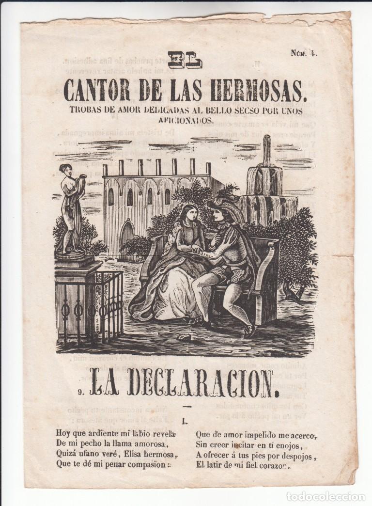 Libros antiguos: pliego de cordel EL CANTOR DE LAS HERMOSAS Trova de amor dedicadas del al bello secto por unos afic