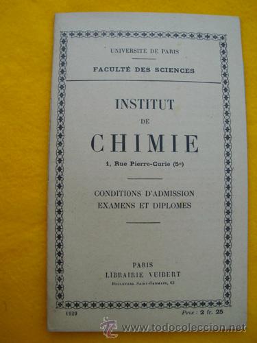 Libri antichi: INSTITUT DE CHIMIE. Conditions d'Admission. Examens et Diplomes. 1929
