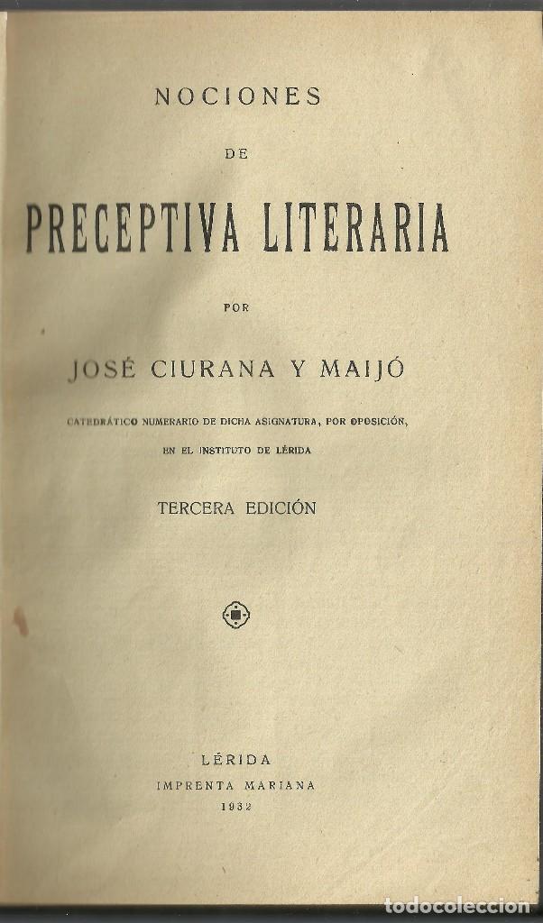 Livros antigos: Nociones de preceptiva literaria, l&eacute;rida 1932. de Jos&eacute; Ciurana Maij&oacute;