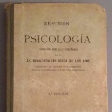 Libros antiguos: RESUMEN DE PSICOLOGIA - 2ª ENSEÑANZA - GINER DE LOS RIOS - EDIT. ANTONI VIRGILI - BARCELONA 1914