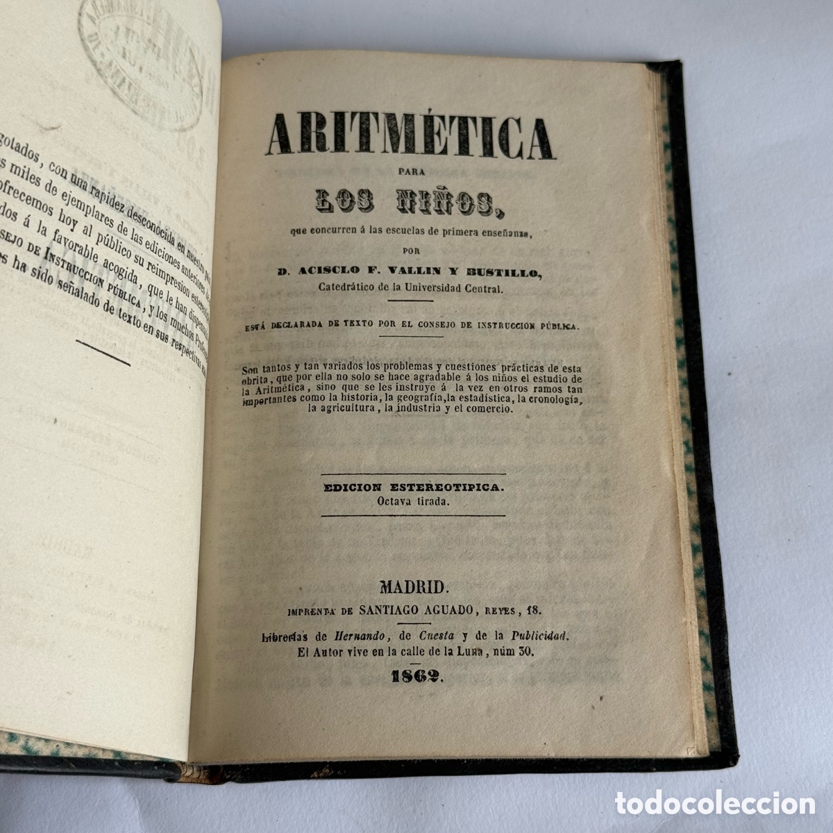 Libros antiguos: 1862 - Aritm&eacute;tica para los Ni&ntilde;os - Acislo F. Vallin - Madrid - Ense&ntilde;anza - Matem&aacute;ticas - Siglo XIX