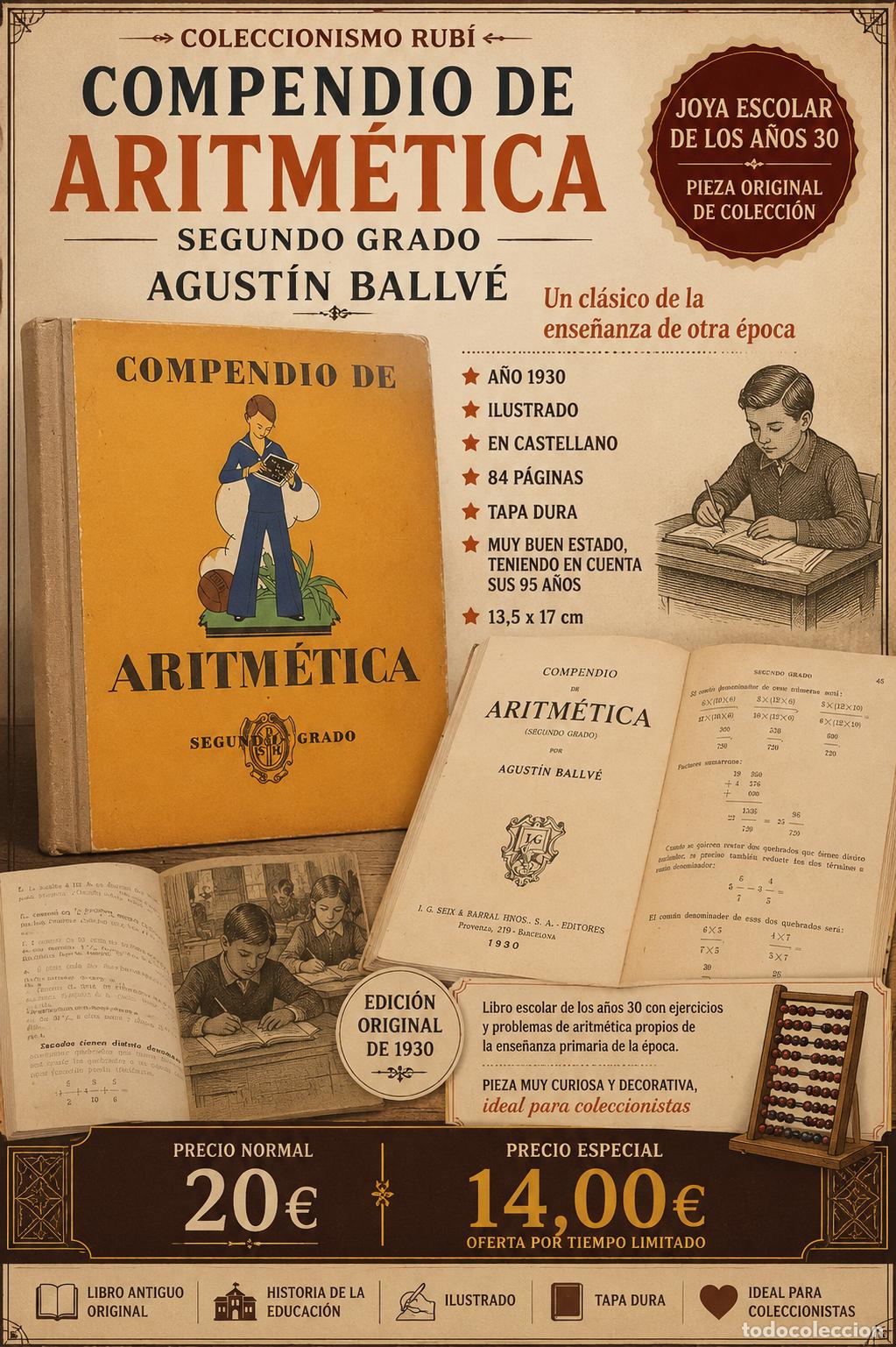 Libros antiguos: A&Ntilde;O 1930 !! COMPENDIO DE ARITM&Eacute;TICA (SEGUNDO GRADO) / AGUST&Iacute;N BALLV&Eacute; / SEIX BARRAL &middot;