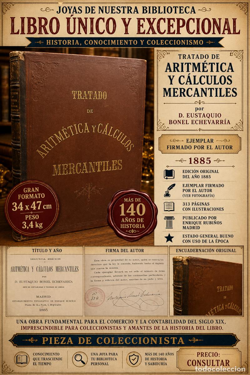 Libri antichi: A&Ntilde;O 1885 !! FIRMADO / GRAN FORMATO / TRATADO DE ARITM&Eacute;TICA Y C&Aacute;LCULOS MERCANTILES / LEER