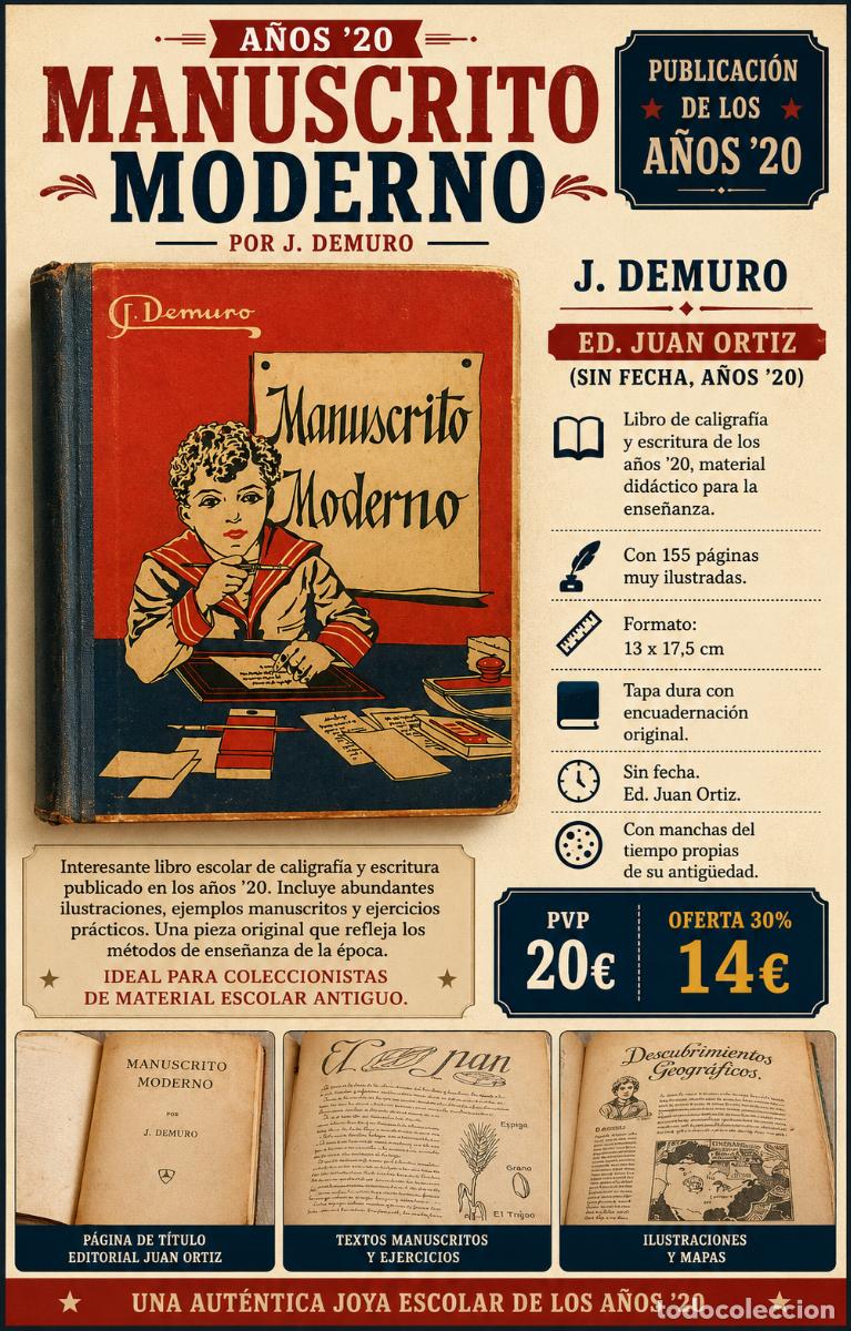 Libros antiguos: A&Ntilde;OS '20 | MANUSCRITO MODERNO | J. DEMURO | ED. JUAN ORTIZ | CALIGRAF&Iacute;A | LIBRO ESCOLAR ANTIGUO